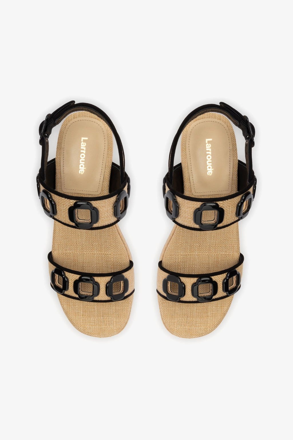 Larroude Milan Flatform In Beige Raffia and Black Trimming