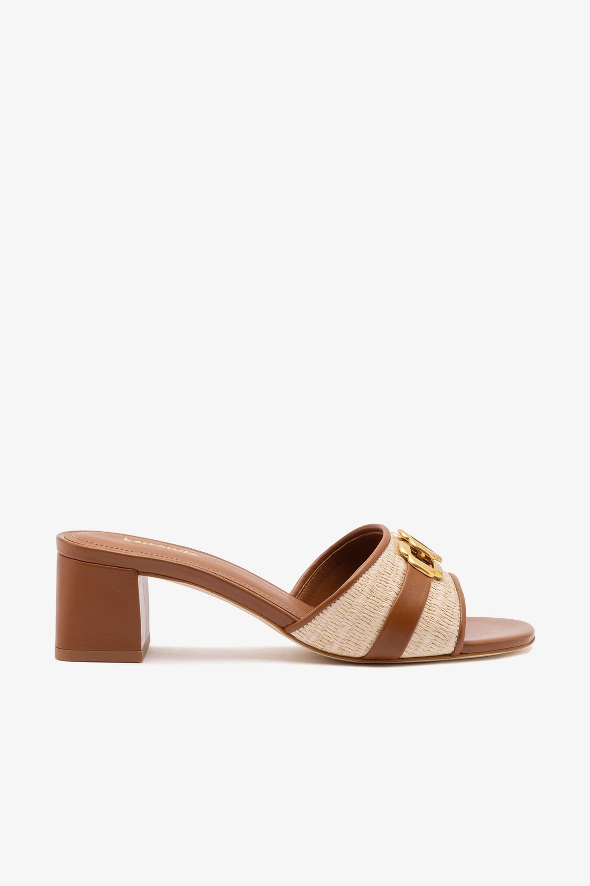 Larroude Franca Block Sandal In Natural Raffia And Caramel Leather