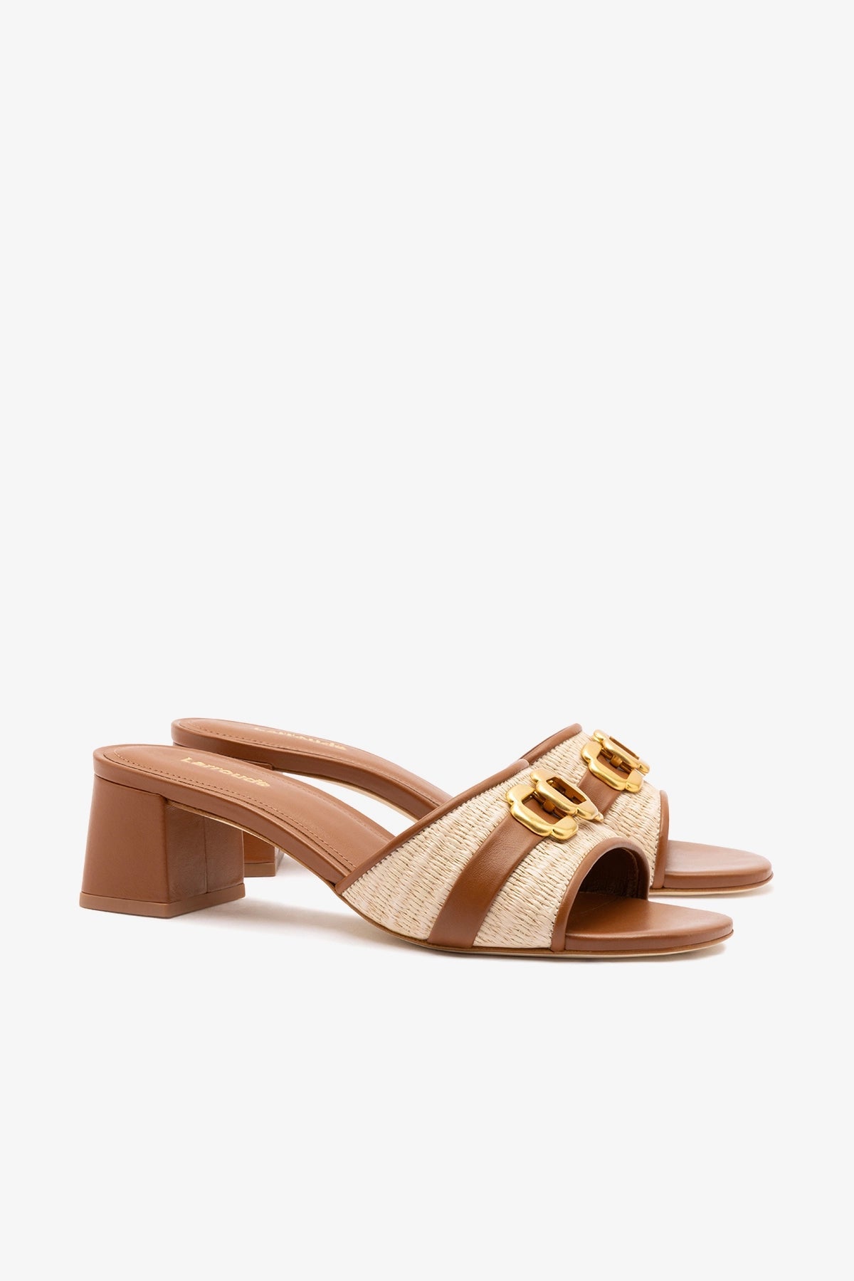 Larroude Franca Block Sandal In Natural Raffia And Caramel Leather