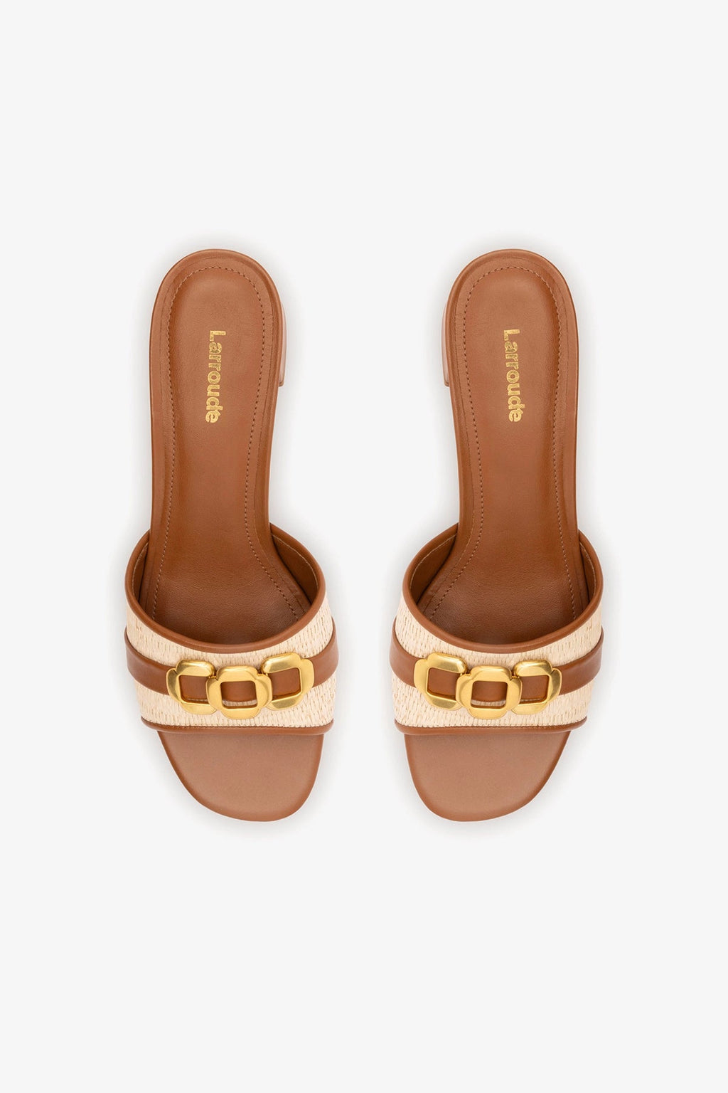 Larroude Franca Block Sandal In Natural Raffia And Caramel Leather
