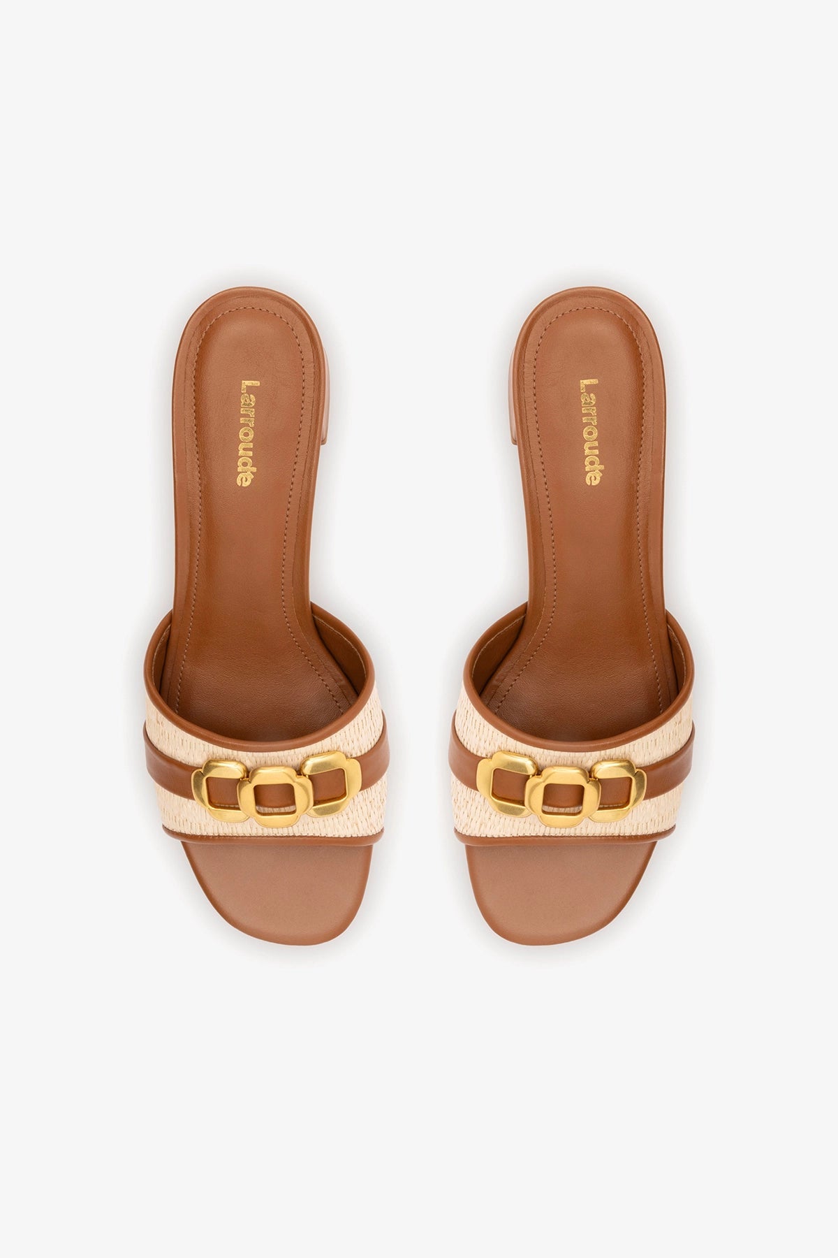 Larroude Franca Block Sandal In Natural Raffia And Caramel Leather