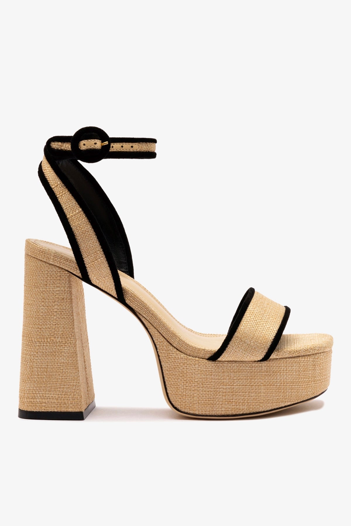 Larroude Dolly Sandal In Beige Raffia and Black Trimming
