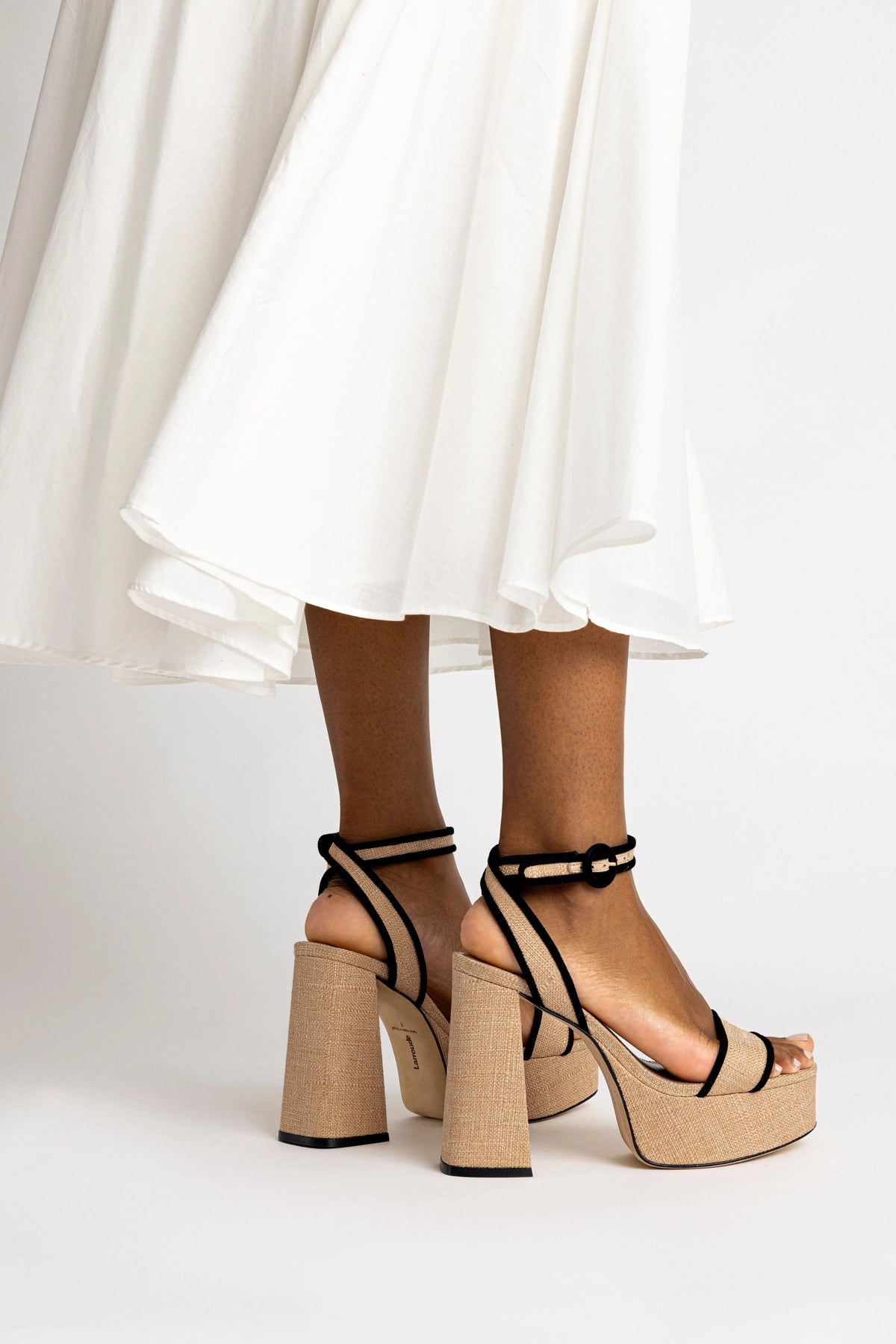 Larroude Dolly Sandal In Beige Raffia and Black Trimming