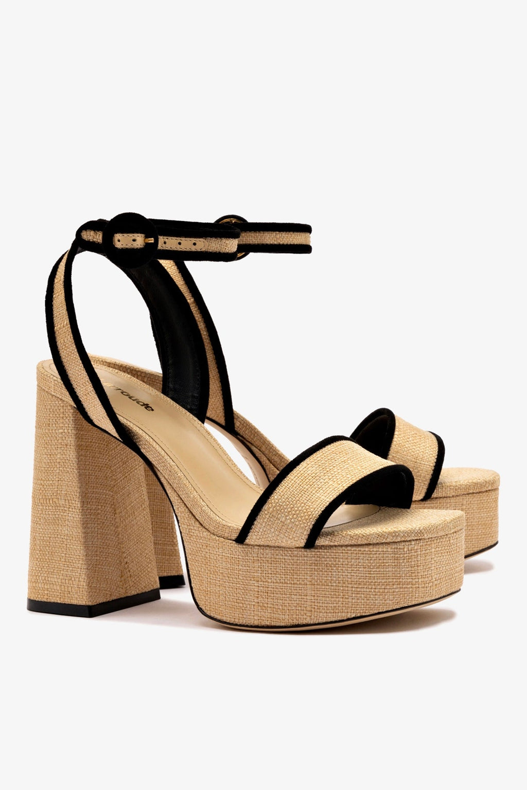 Larroude Dolly Sandal In Beige Raffia and Black Trimming