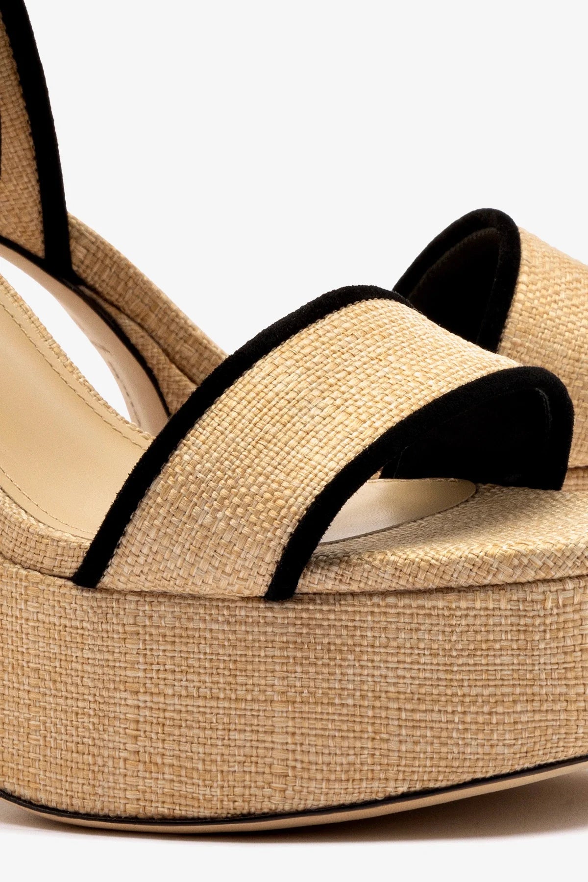 Larroude Dolly Sandal In Beige Raffia and Black Trimming
