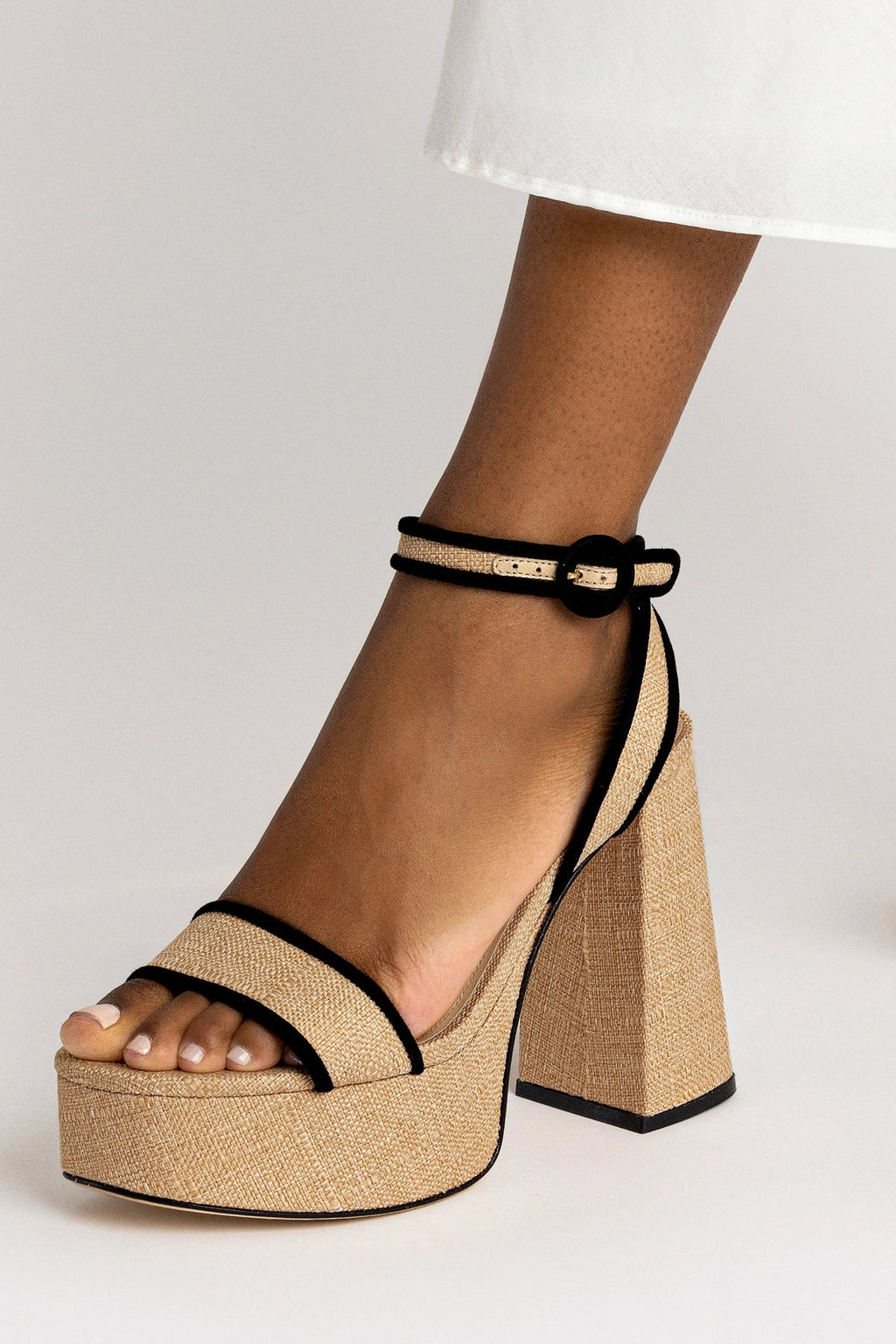 Larroude Dolly Sandal In Beige Raffia and Black Trimming