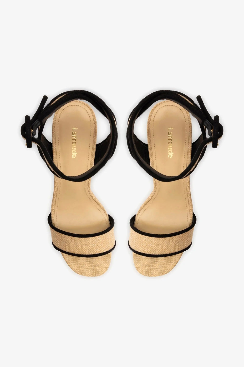 Larroude Dolly Sandal In Beige Raffia and Black Trimming