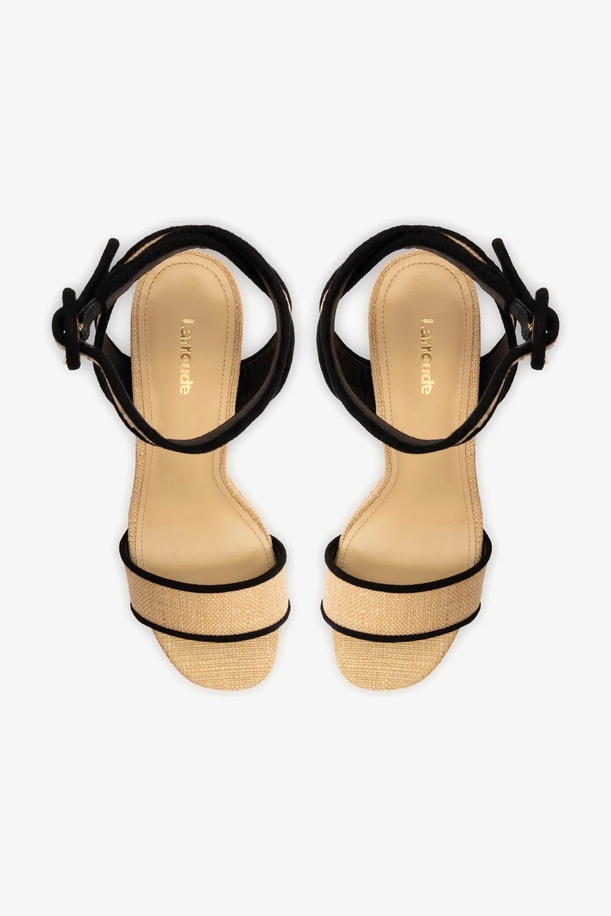 Larroude Dolly Sandal In Beige Raffia and Black Trimming