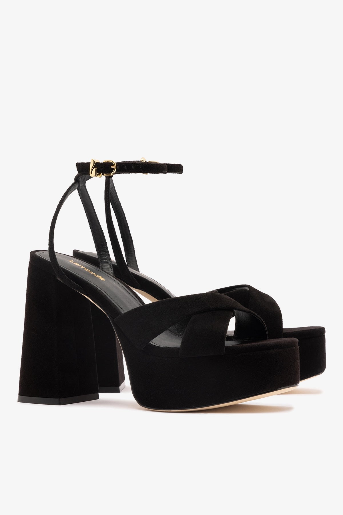 Larroude Dolly X Platform Sandal In Black Suede