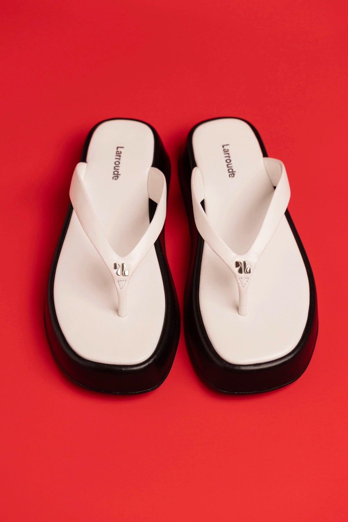 Larroude Roxy Thong Sandal Black and White Leather