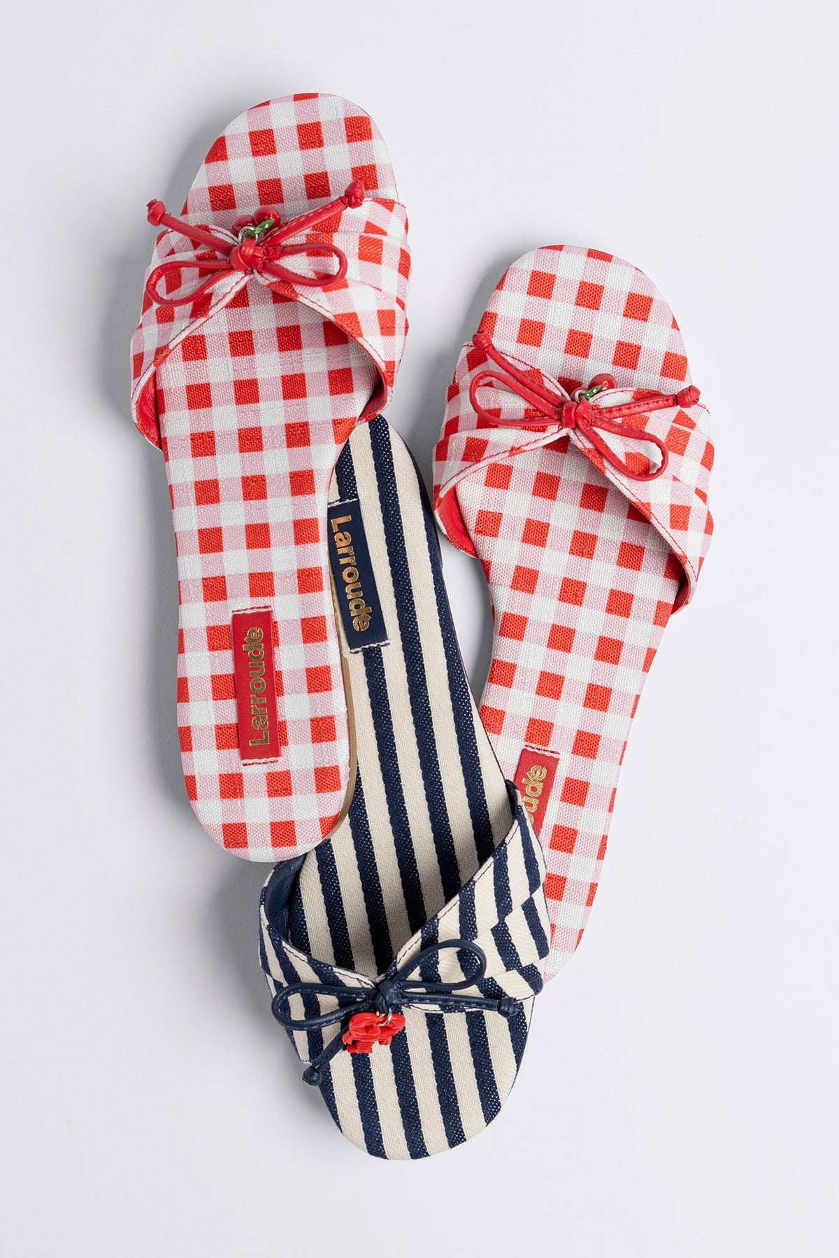 Larroude Bardot Flat Navy Striped Canvas
